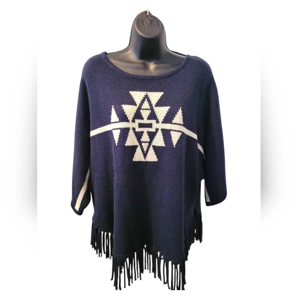 NY Collection Navy Blue and Cream Aztec Fringe Poncho Sweater